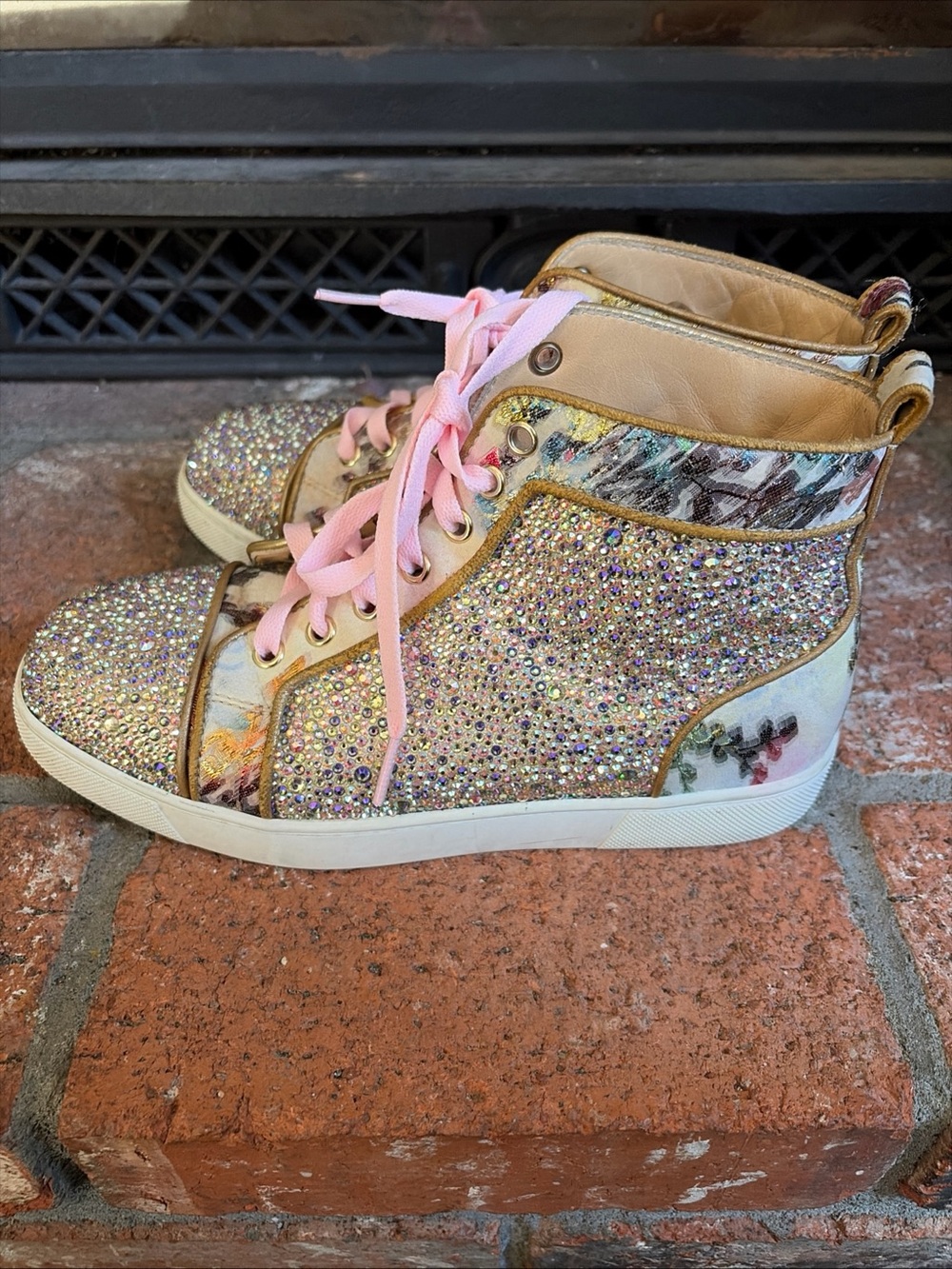 Authentic Christian Louboutin Glitter Floral  High Top Sneakers EU 37.5 US 7.5 - Picture 5 of 11